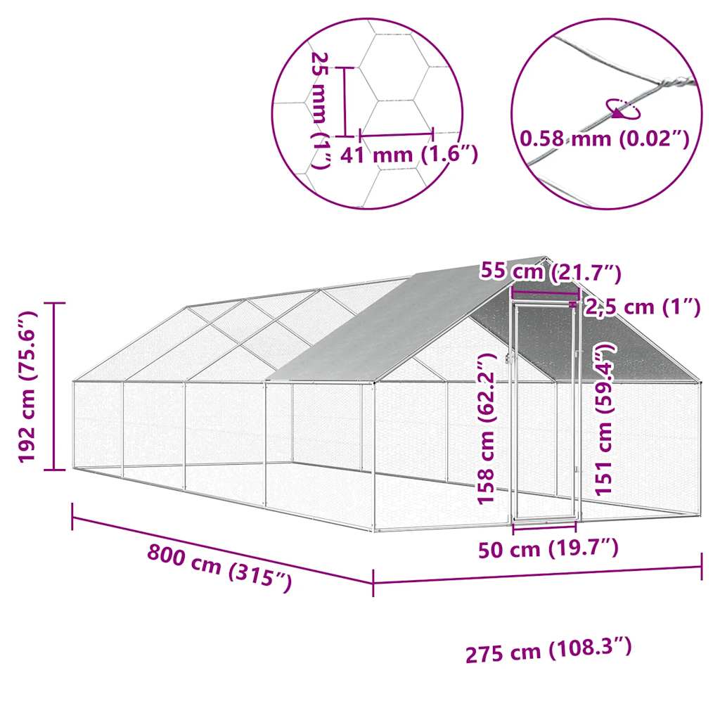 Outdoor-Hühnerkäfig 2,75x2x1,92 m Verzinkter Stahl