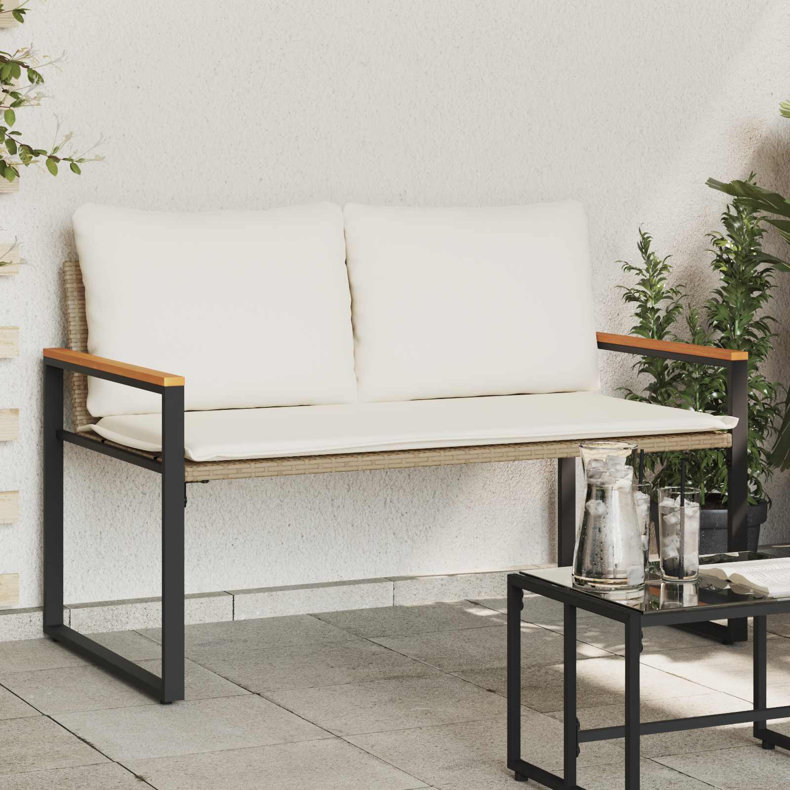 Bank mit Kissen Schwarz und Cremeweiß 115 x 65 x 72 cm Rattan