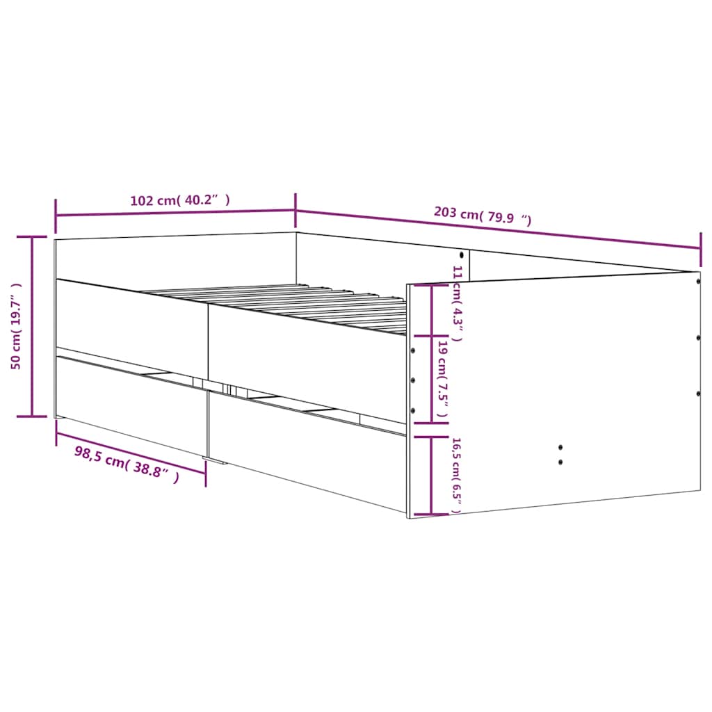 Bett mit Schubladen Braun Eiche-Optik 75x190 cm