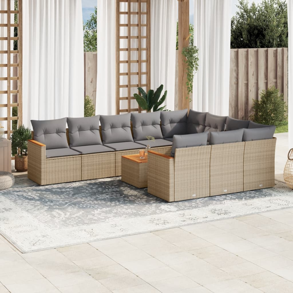 10-tlg. Garten-Sofagarnitur mit Kissen Schwarz Poly Rattan