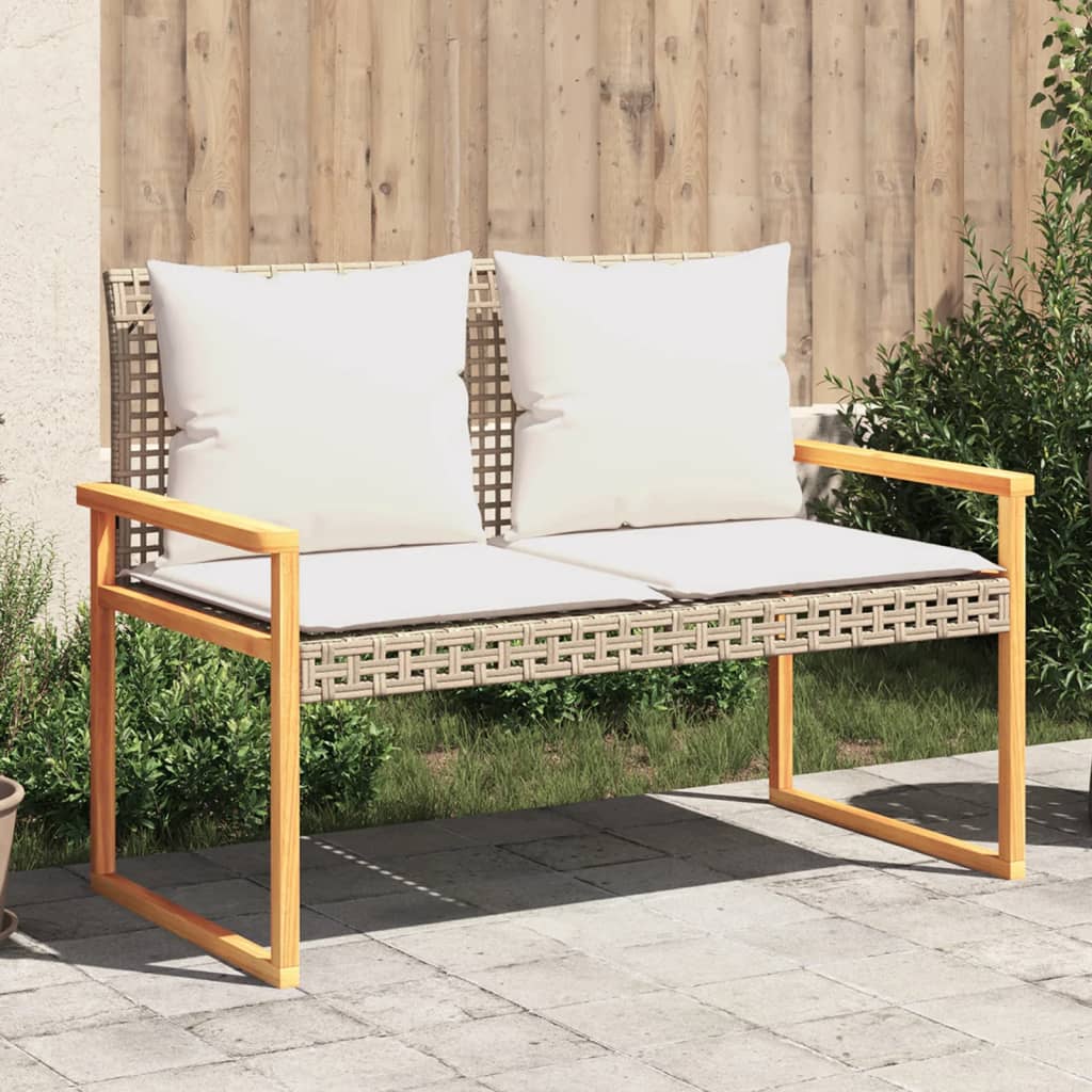 Gartenbank mit Kissen Schwarz Poly Rattan Akazienholz