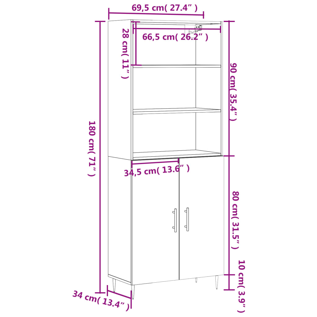 Highboard Hochglanz-Weiß 69,5x34x180 cm Holzwerkstoff
