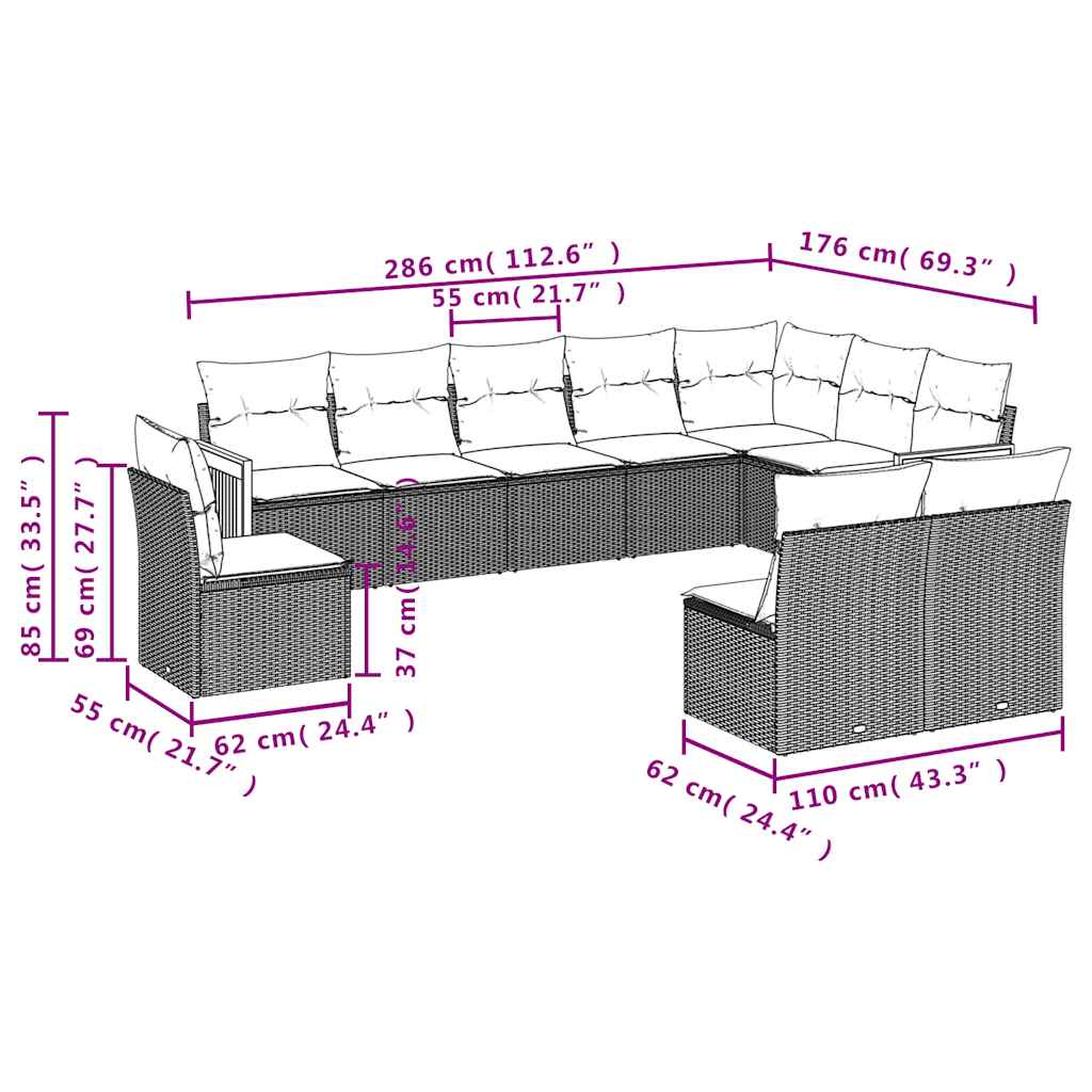 10-teiliges Gartensofa-Set mit Kissen, schwarzes Polyrattan