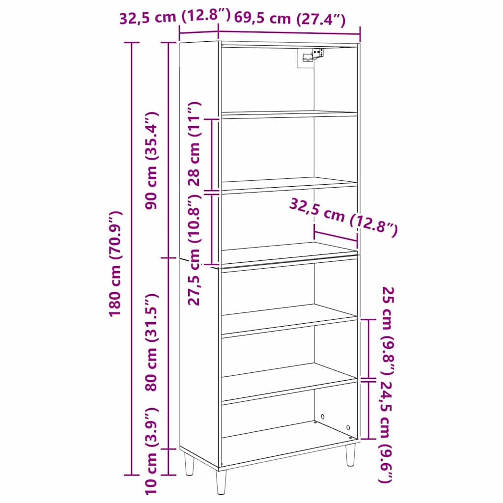 Highboard Altholz 69,5 x 32,5 x 180 cm Holzwerkstoff