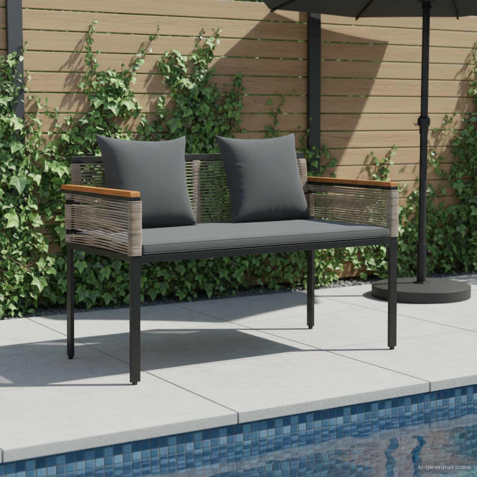 Bank Outdoor mit Kissen Schwarz 117 x 54 x 74,5 cm Poly-Rattan