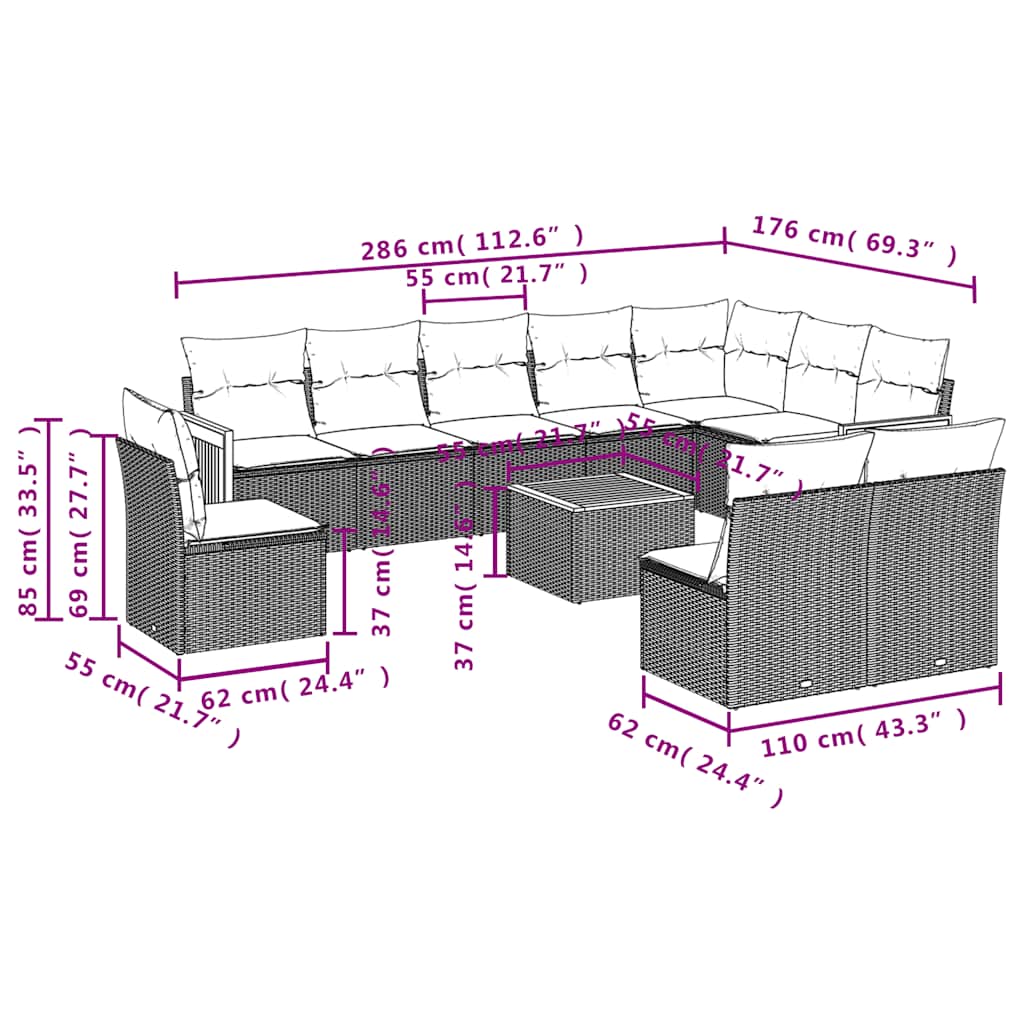 10-teiliges Gartensofa-Set mit Kissen, schwarzes Polyrattan