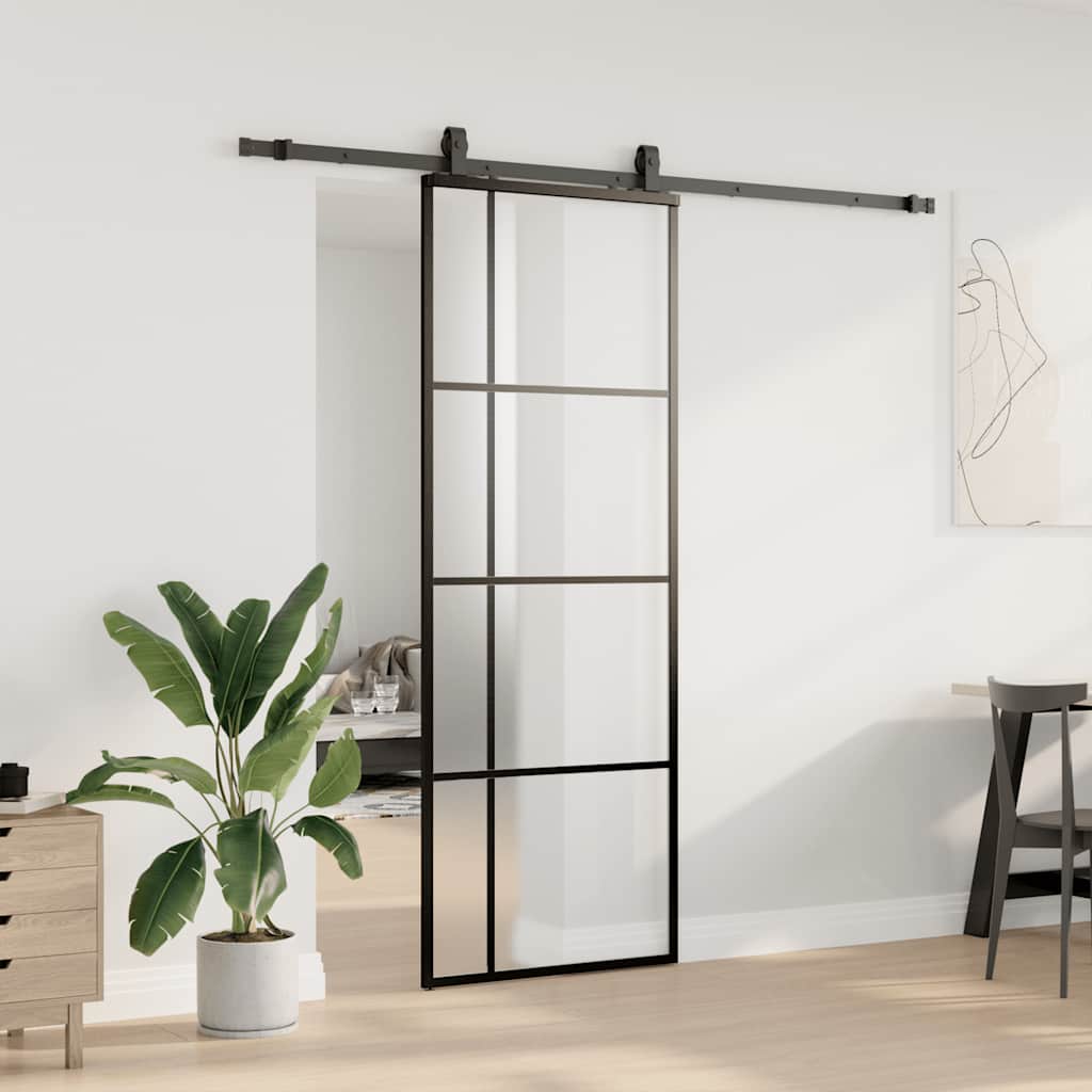 Schiebetür mit Beschlag Schwarz 76x205 cm ESG-Glas