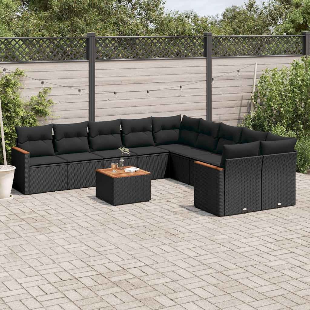 10-tlg. Garten-Sofagarnitur mit Kissen Schwarz Poly Rattan