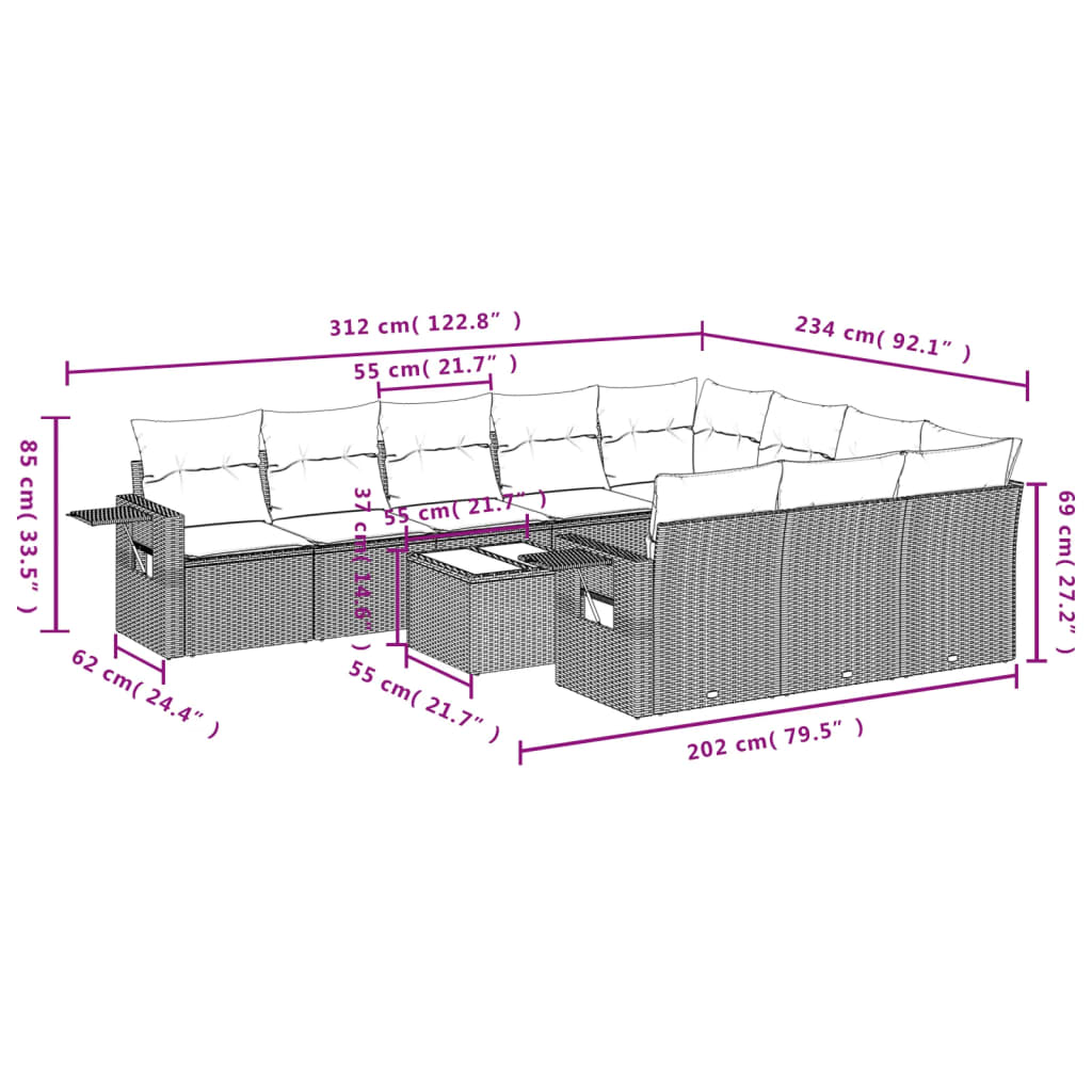 10-tlg. Garten-Sofagarnitur mit Kissen Schwarz Poly Rattan