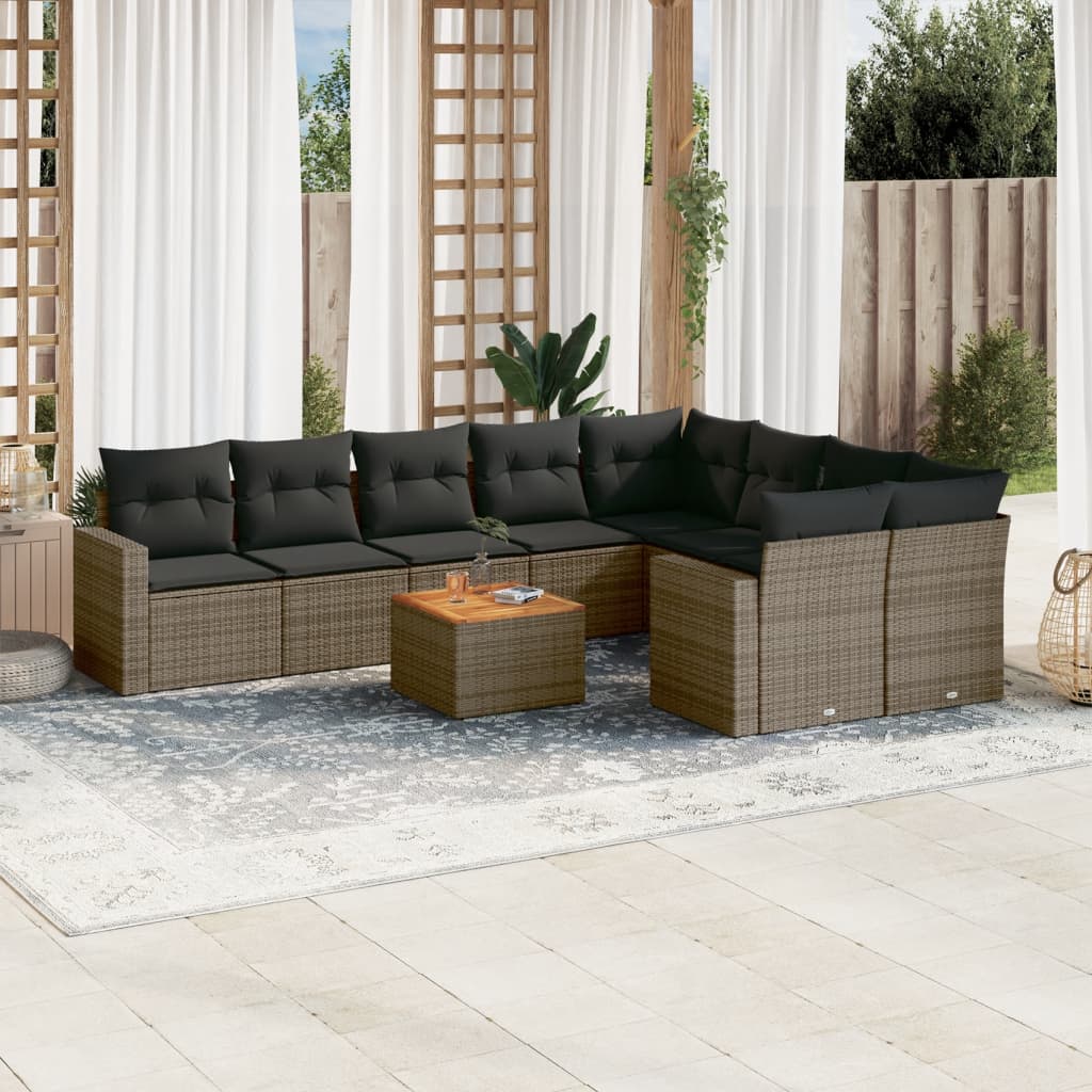 10-tlg. Garten-Sofagarnitur mit Kissen Schwarz Poly Rattan