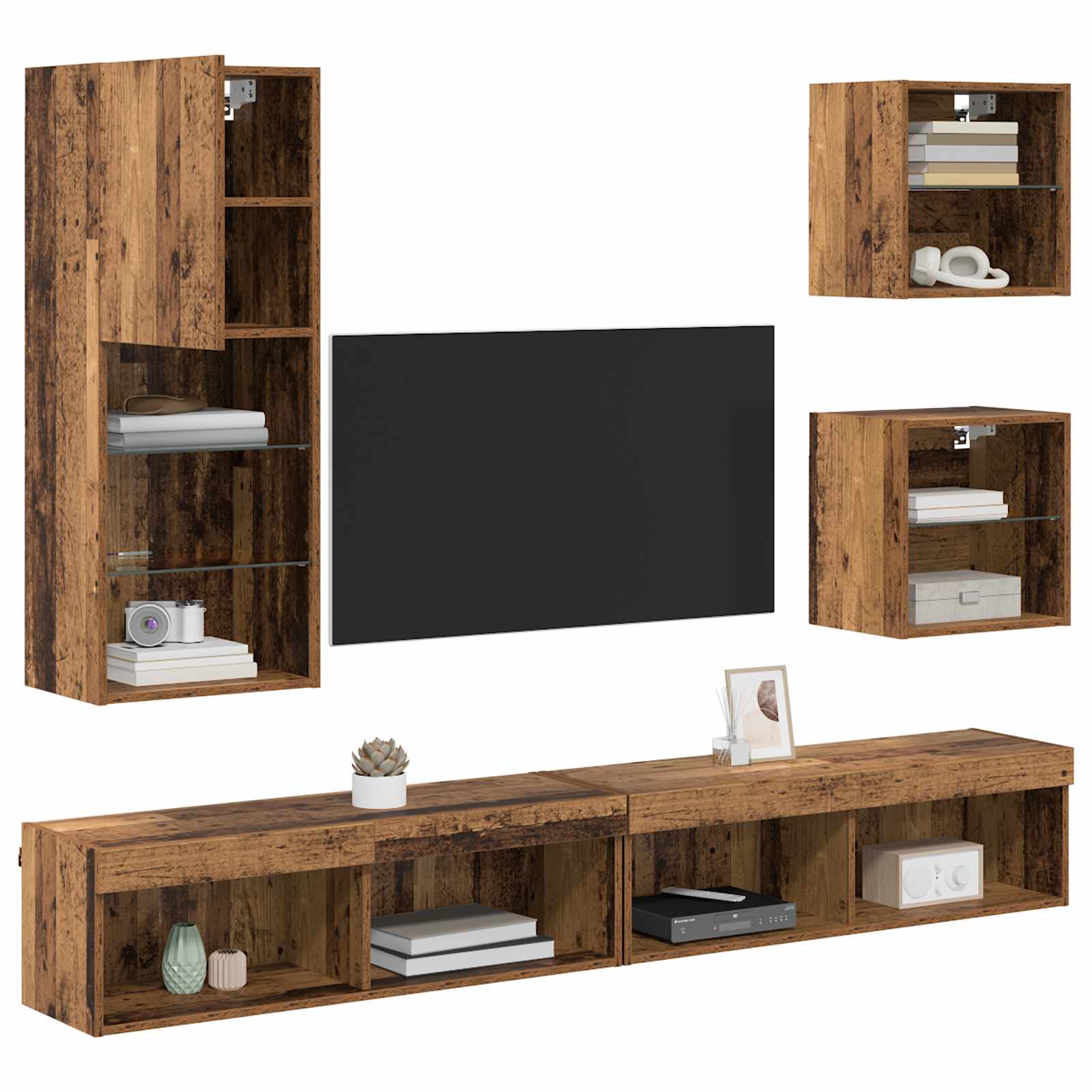 5-tlg. Wohnwand mit LED-Beleuchtung Weiß Holzwerkstoff