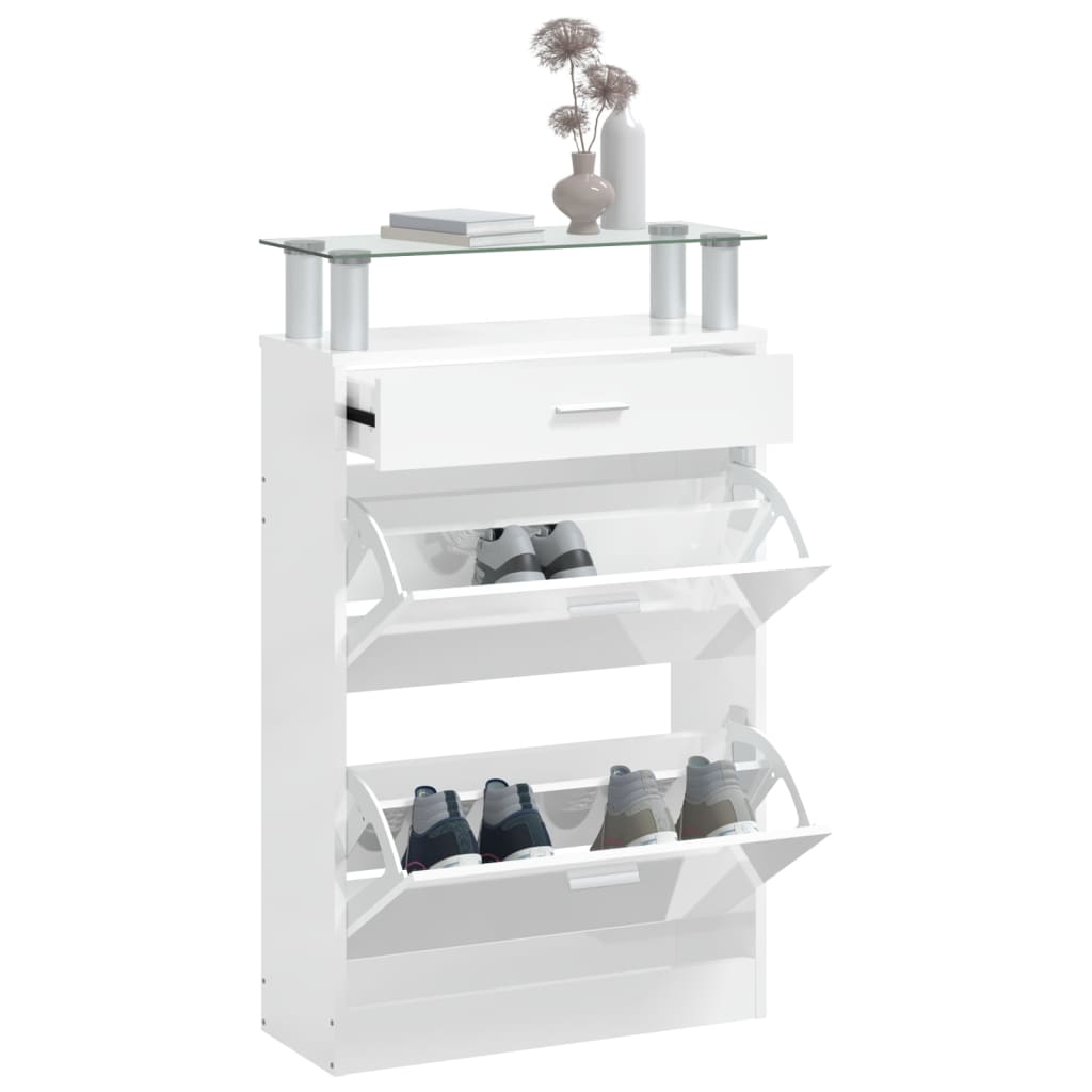 Schuhschrank mit Schubfach und oberem Glasregal Holz Weiß