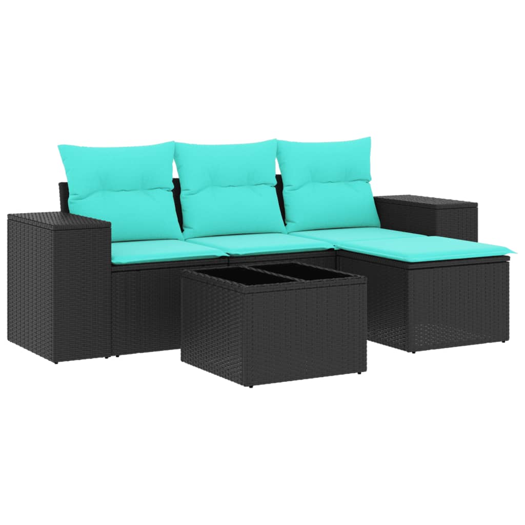 4-teiliges Gartensofa-Set mit Kissen, schwarzes Polyrattan