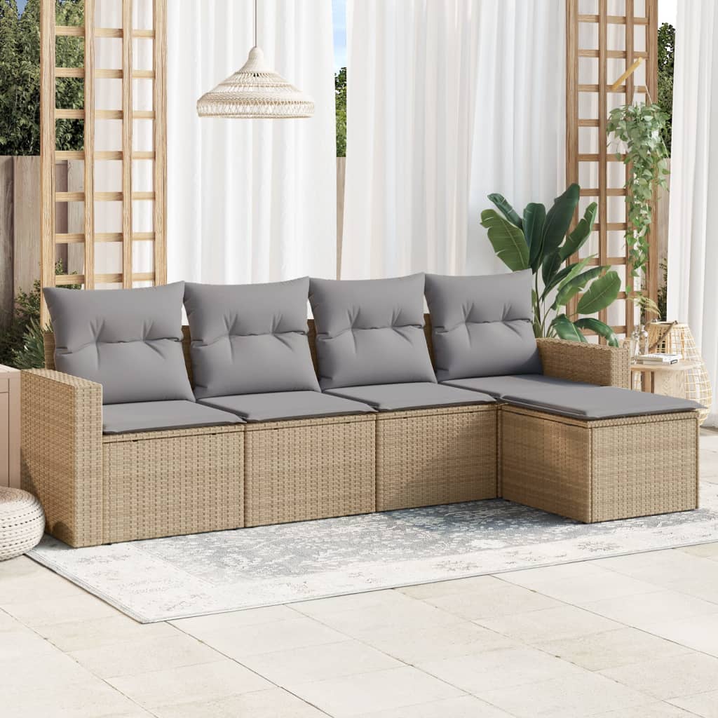 5-tlg. Garten-Sofagarnitur mit Kissen Schwarz Poly Rattan