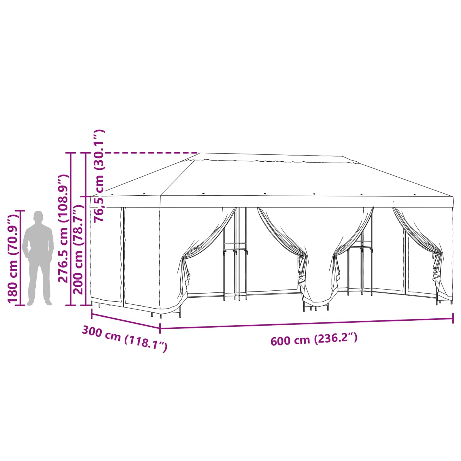 Pavillon mit Seitenwänden 6 x 3 m Beige Polyester und Stahl 190