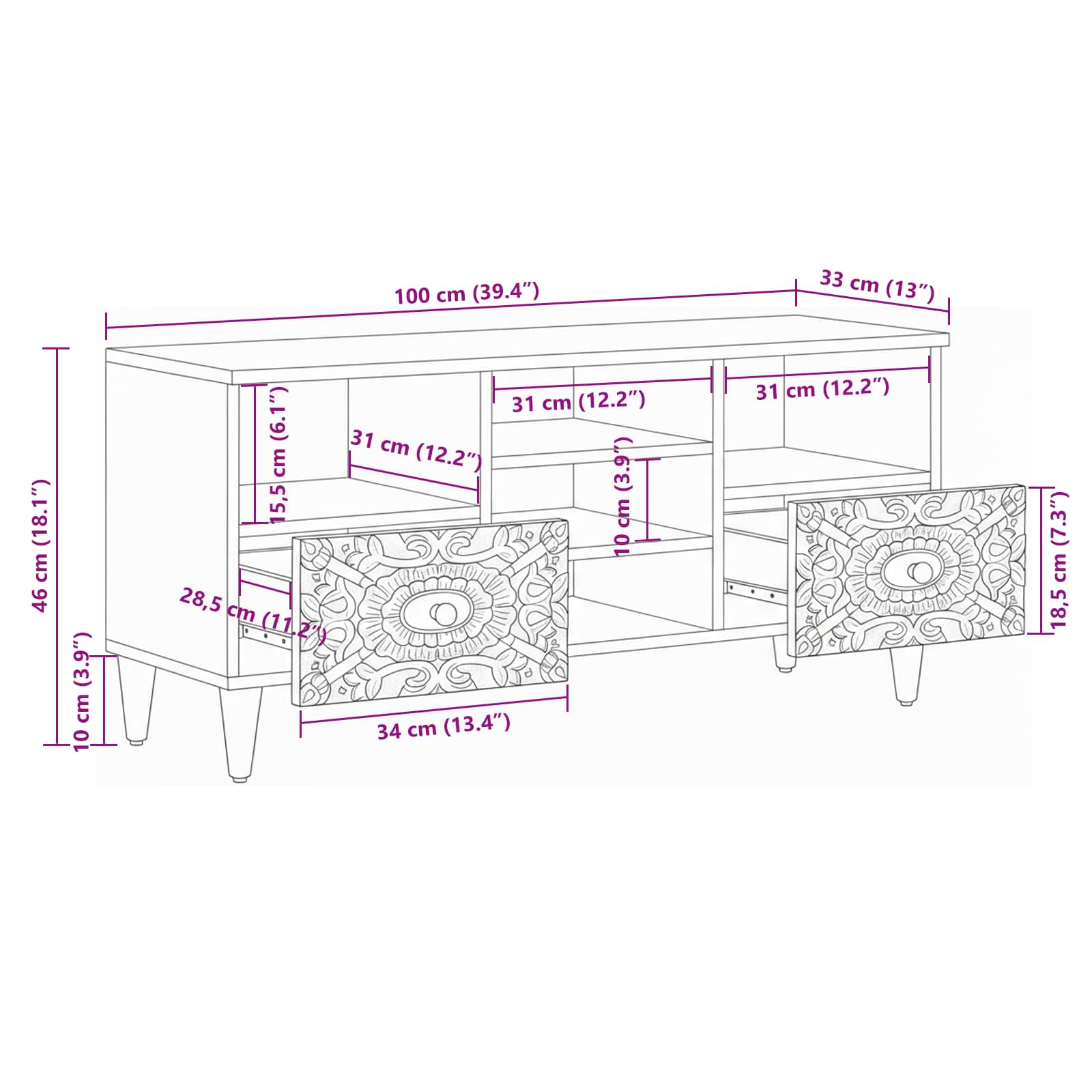 TV-Schränk mit Regal Braun 100 x 33,5 x 46 cm Massivholz Mango