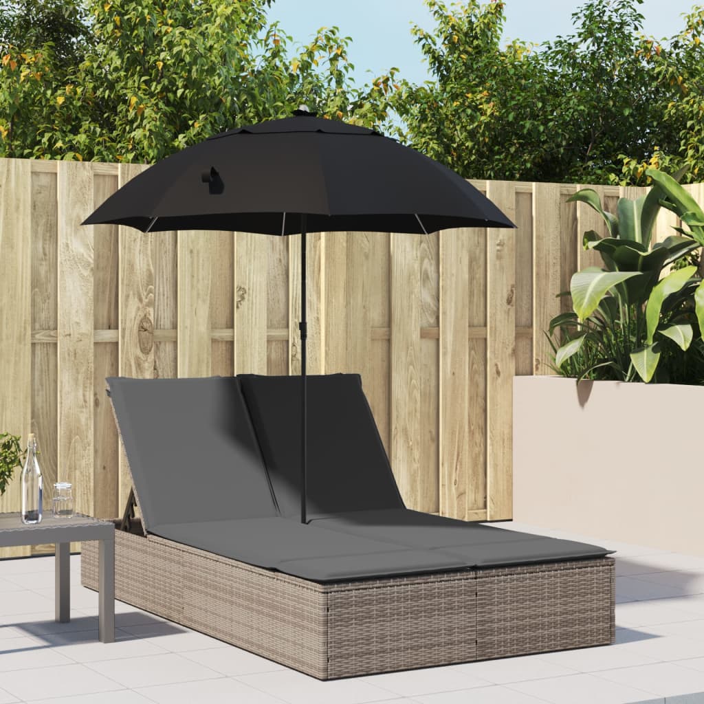 Doppel-Sonnenliege mit Kissen&Sonnenschirm Schwarz Poly Rattan