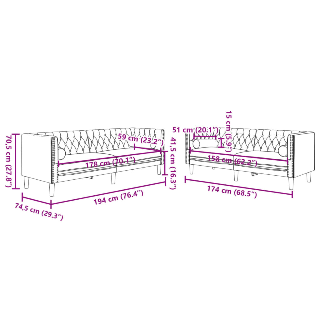 3-tlg. Chesterfield-Sofa-Set mit Nackenrollen Hellgrau Samt