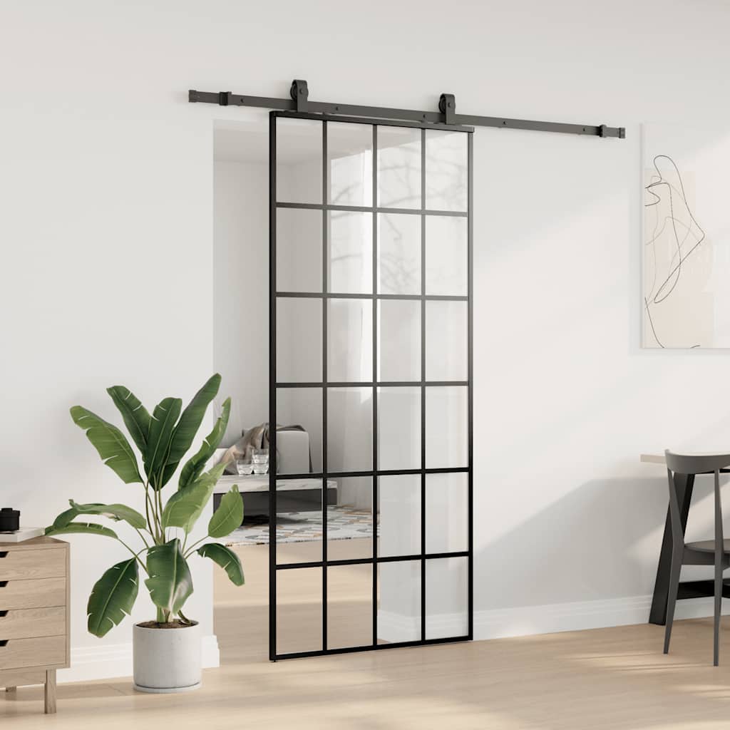 Schiebetür mit Beschlag Schwarz 76x205 cm ESG-Glas