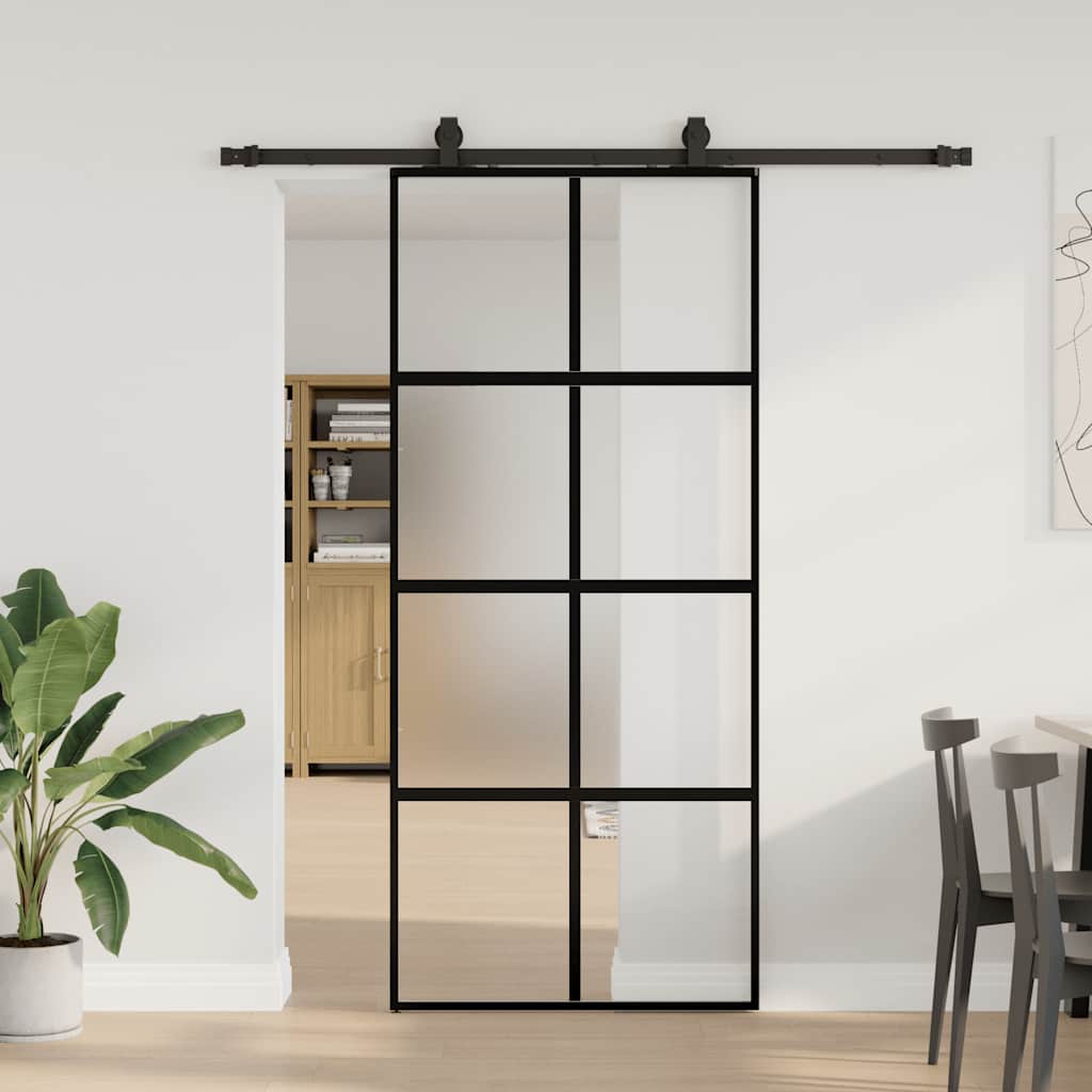 Schiebetür mit Beschlag Schwarz 76x205 cm Hartglas
