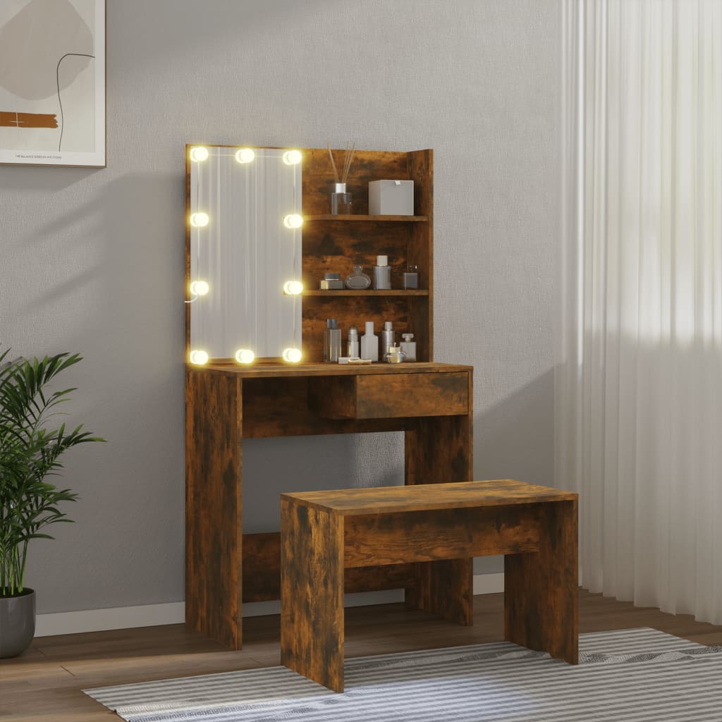 Schminktisch-Set mit LED Weiß Holzwerkstoff