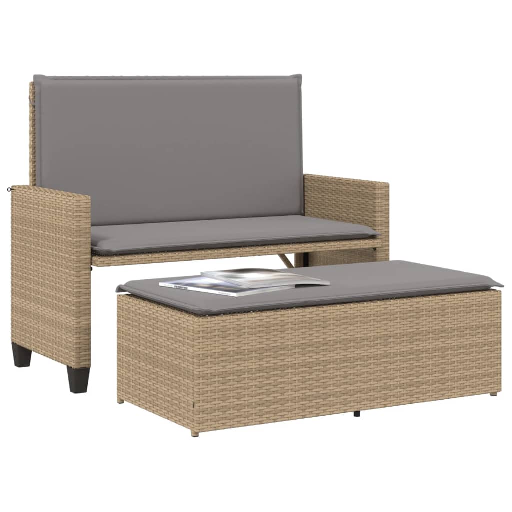 Gartenbank mit Kissen und Hocker Schwarz Poly Rattan