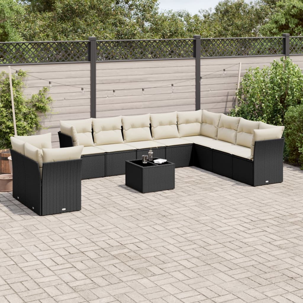10-tlg. Garten-Sofagarnitur mit Kissen Schwarz Poly Rattan