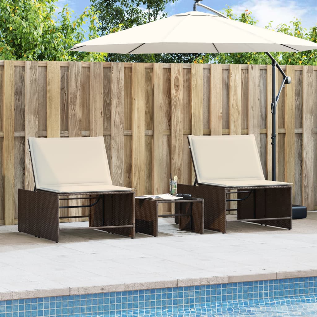 Modulare Sonnenliegen 2 Stk. mit Tisch Schwarz Poly Rattan