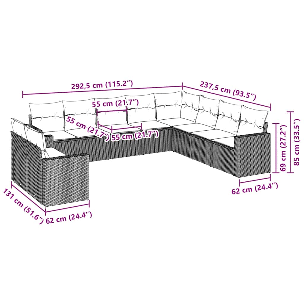 10-tlg. Garten-Sofagarnitur mit Kissen Schwarz Poly Rattan