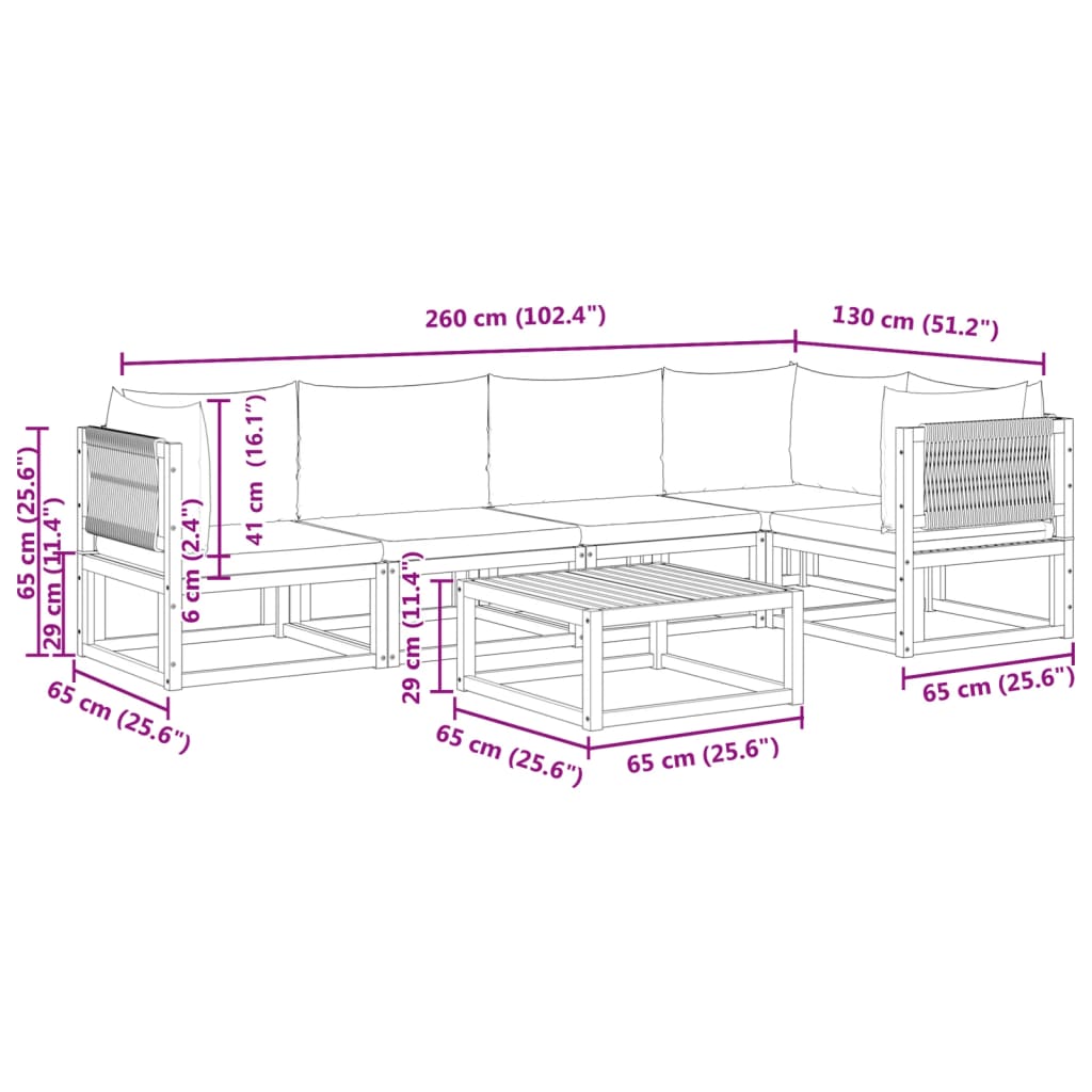 6-tlg. Gartensofa-Set mit Kissen Holz Akazie & Seil