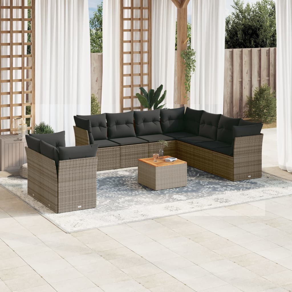 10-tlg. Garten-Sofagarnitur mit Kissen Schwarz Poly Rattan