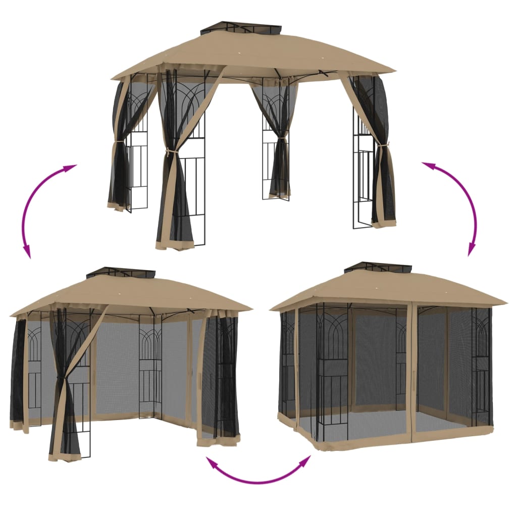 Pavillon mit Doppeldach & Netzwänden Creme 2,94x2,94 m Stahl