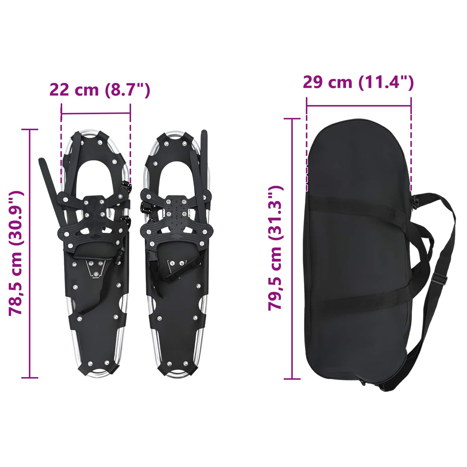3 in 1 Schneeschuhe Silber und Schwarz 53,5 x 21 cm