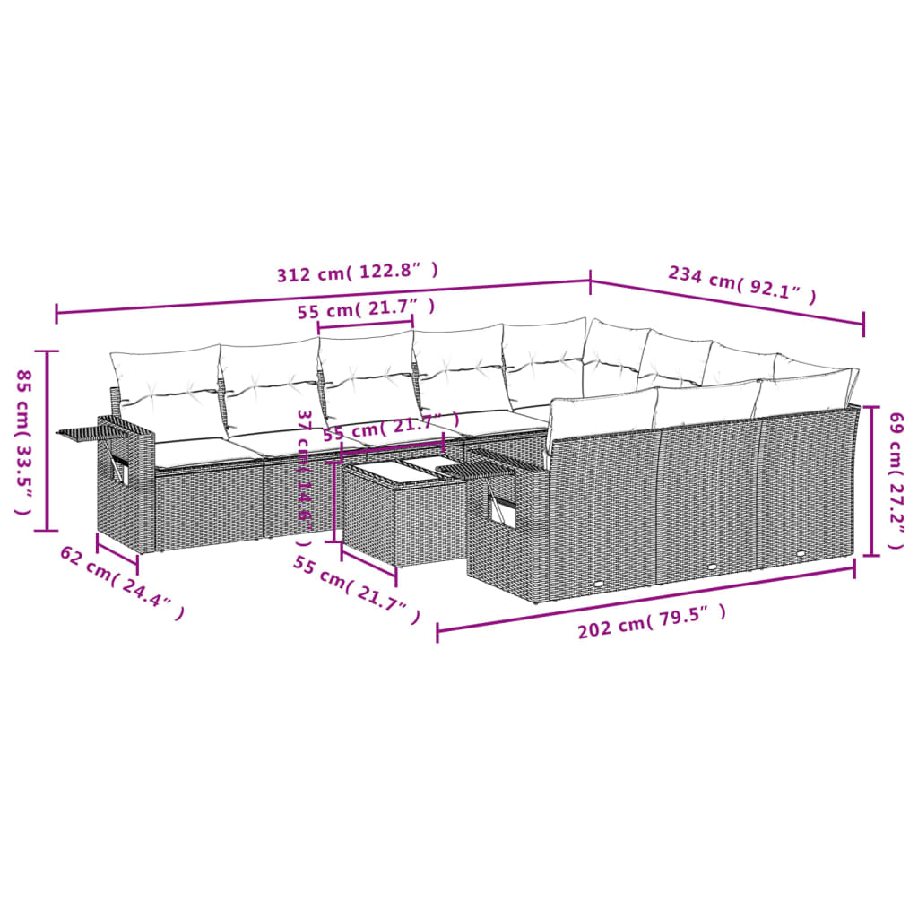 10-teiliges Gartensofa-Set mit Kissen, schwarzes Polyrattan
