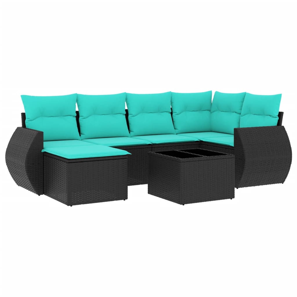 6-teiliges Gartensofa-Set mit Kissen, schwarzes Polyrattan