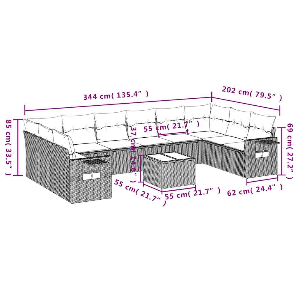 10-tlg. Garten-Sofagarnitur mit Kissen Schwarz Poly Rattan