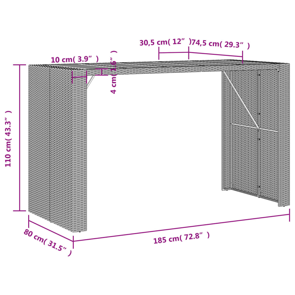 Garten-Bartisch mit Holzplatte Schwarz 105x80x110 cm Polyrattan