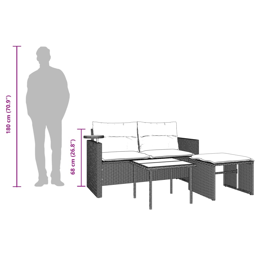 3-tlg. Garten-Sofagarnitur mit Kissen Schwarz Poly Rattan