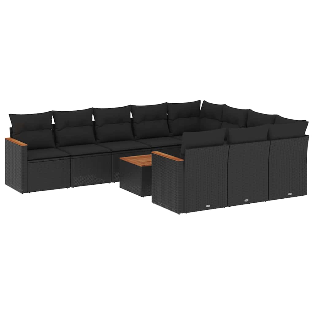 10-tlg. Garten-Sofagarnitur mit Kissen Schwarz Poly Rattan