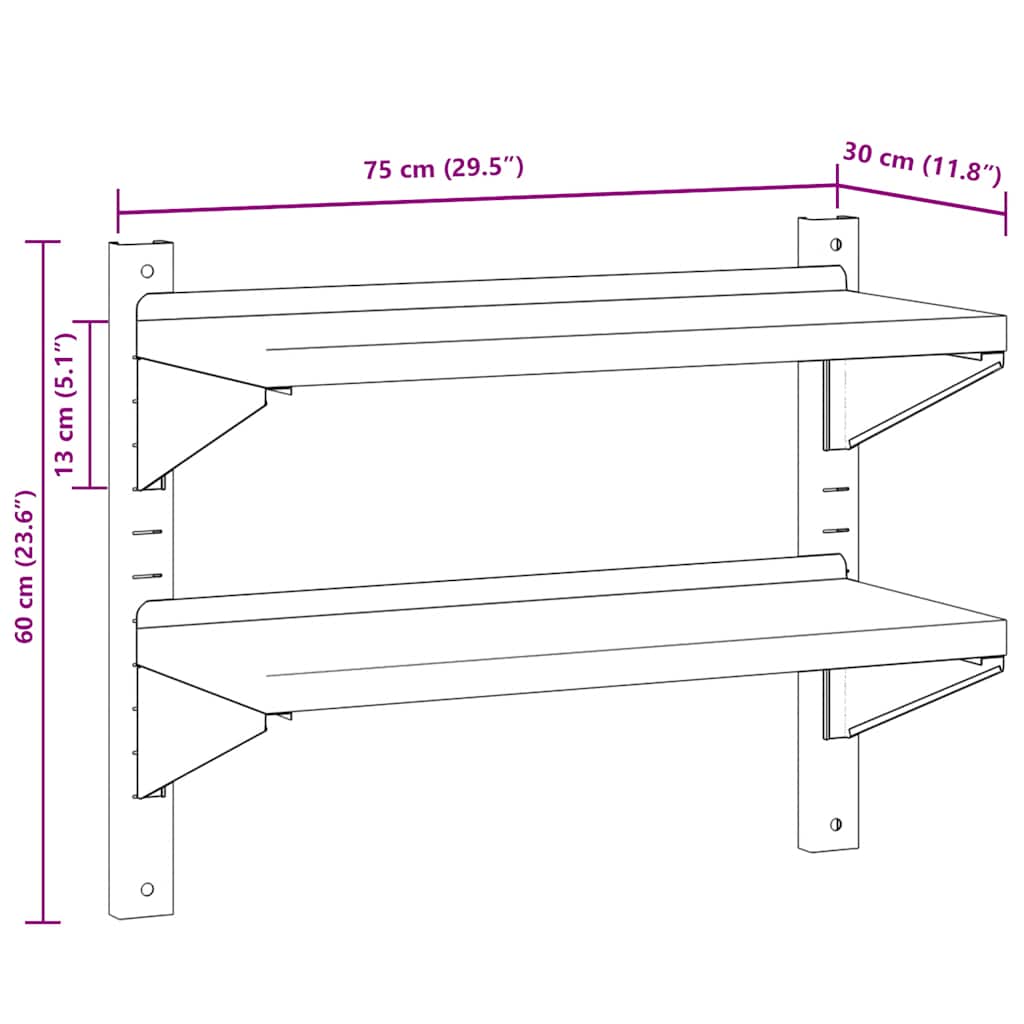 Wandregal mit 2 Böden 100x40x60 cm Silbern Edelstahl