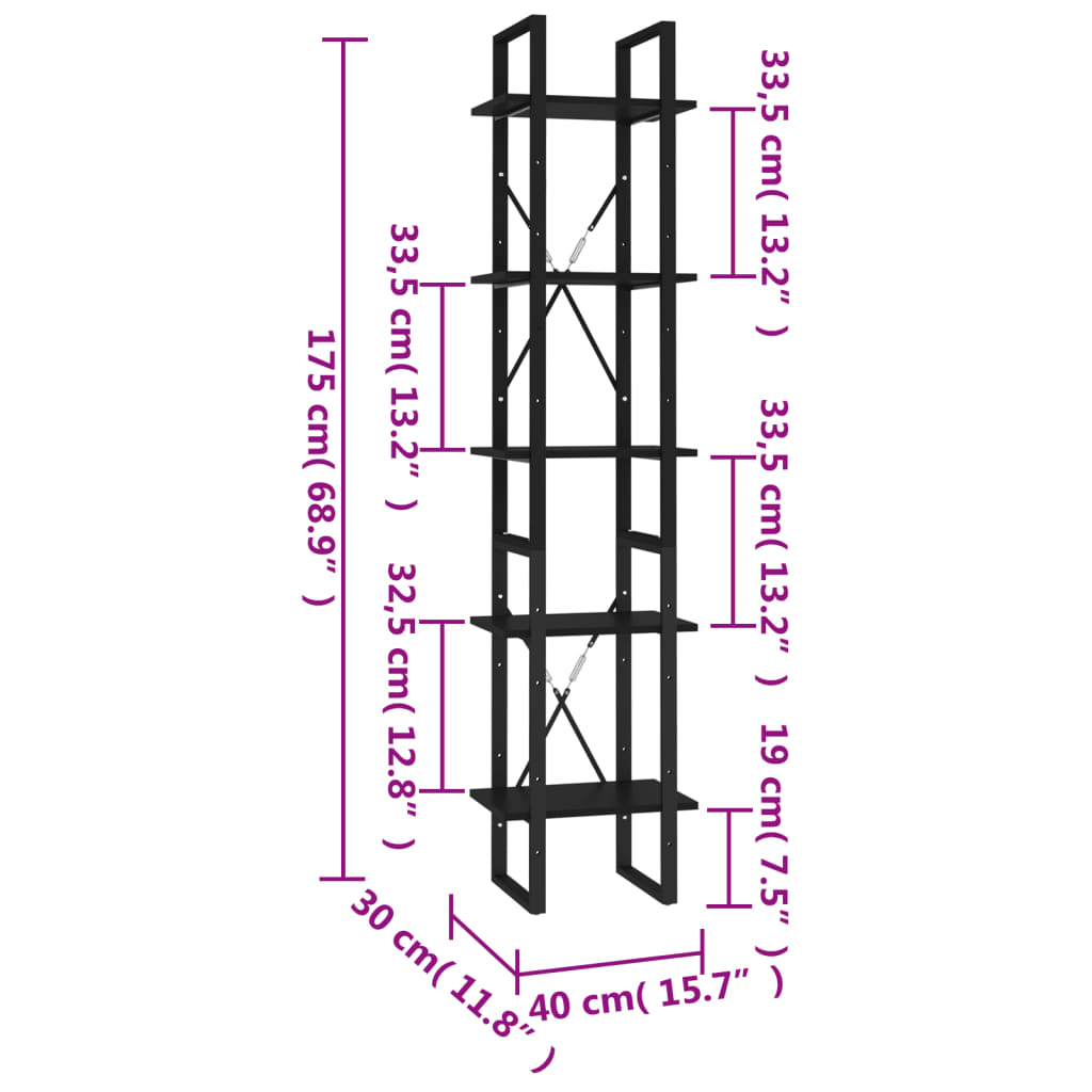 Bücherregal 5 Fächer Weiß 40x30x175 cm Holzwerkstoff