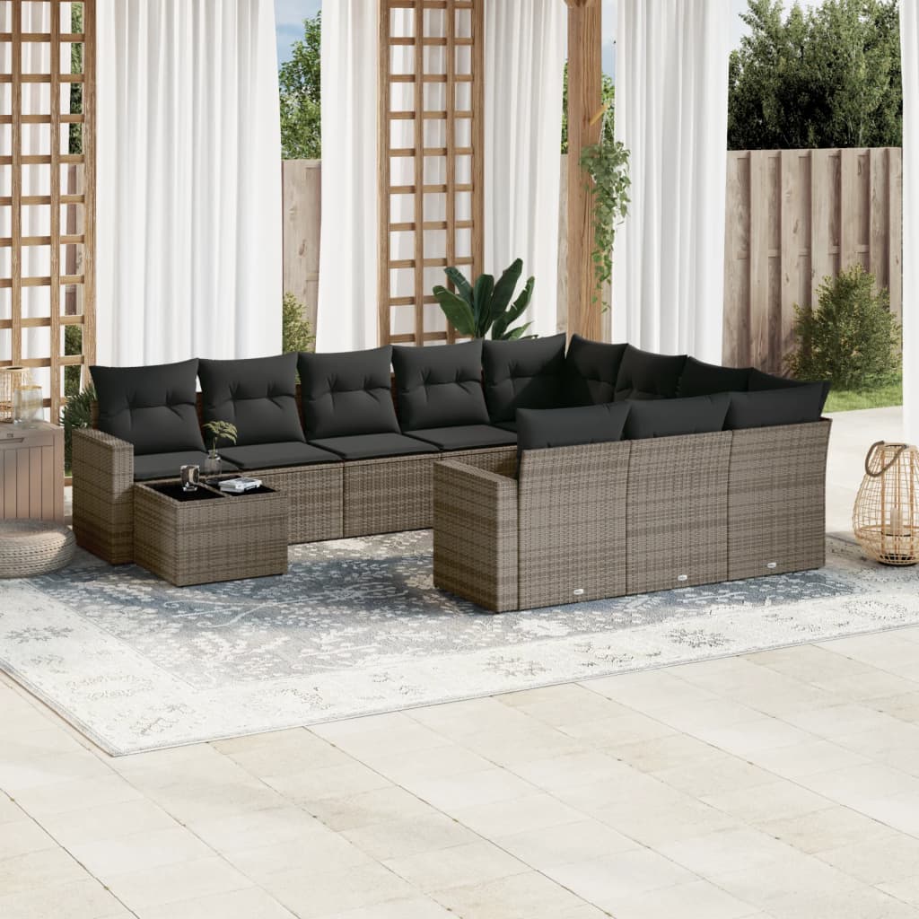 11-tlg. Garten-Sofagarnitur mit Kissen Schwarz Poly Rattan