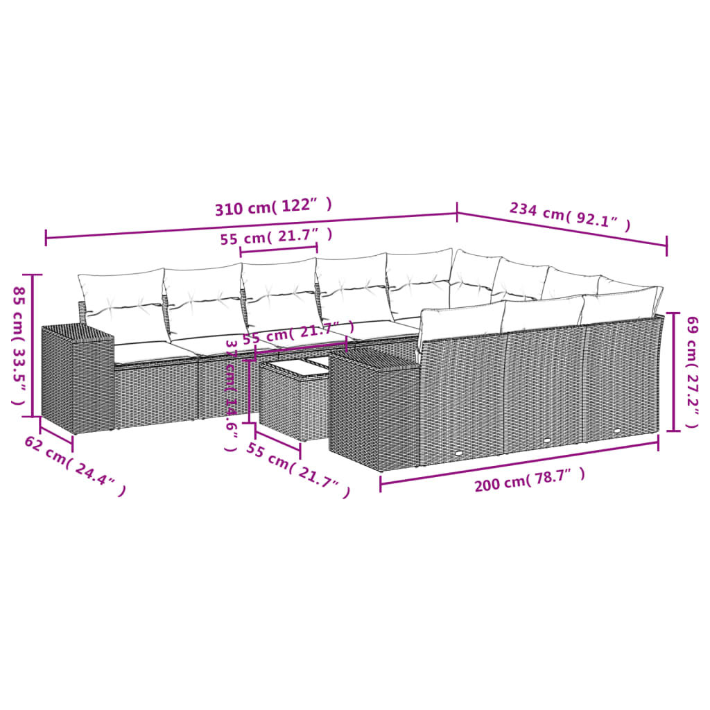 10-tlg. Garten-Sofagarnitur mit Kissen Schwarz Poly Rattan