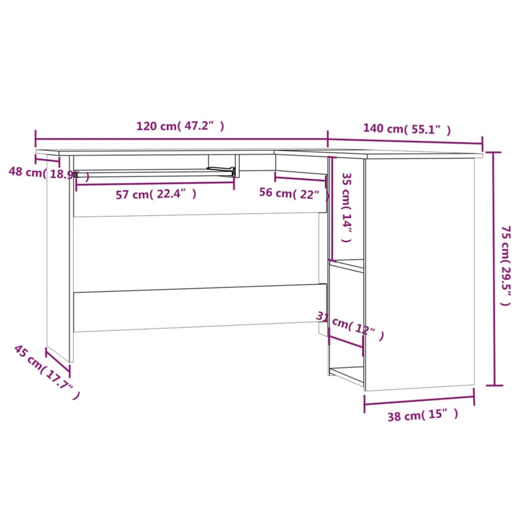 Eckschreibtisch in L-Form Weiß 120x140x75 cm Holzwerkstoff