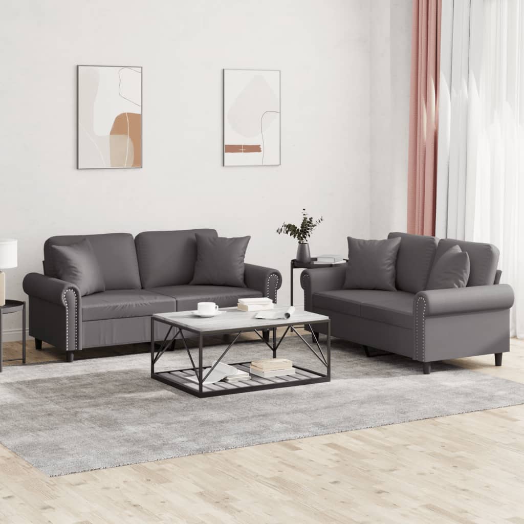 3-tlg. Sofagarnitur mit Kissen Creme Kunstleder