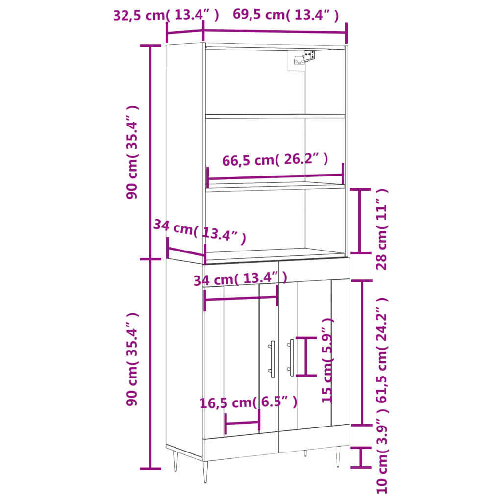 Highboard Hochglanz-Weiß 69,5x34x180 cm Holzwerkstoff