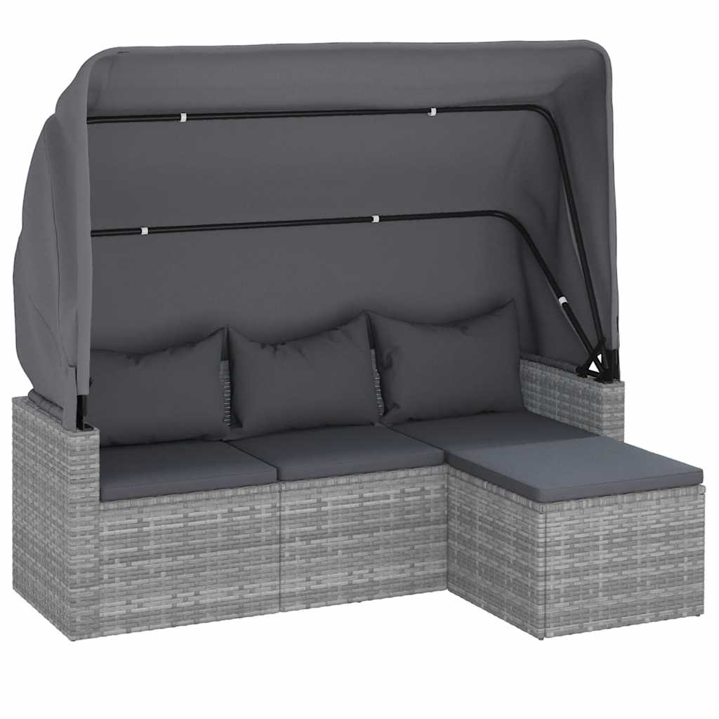 3-Sitzer-Gartensofa mit Dach und Fußhocker Schwarz Poly Rattan