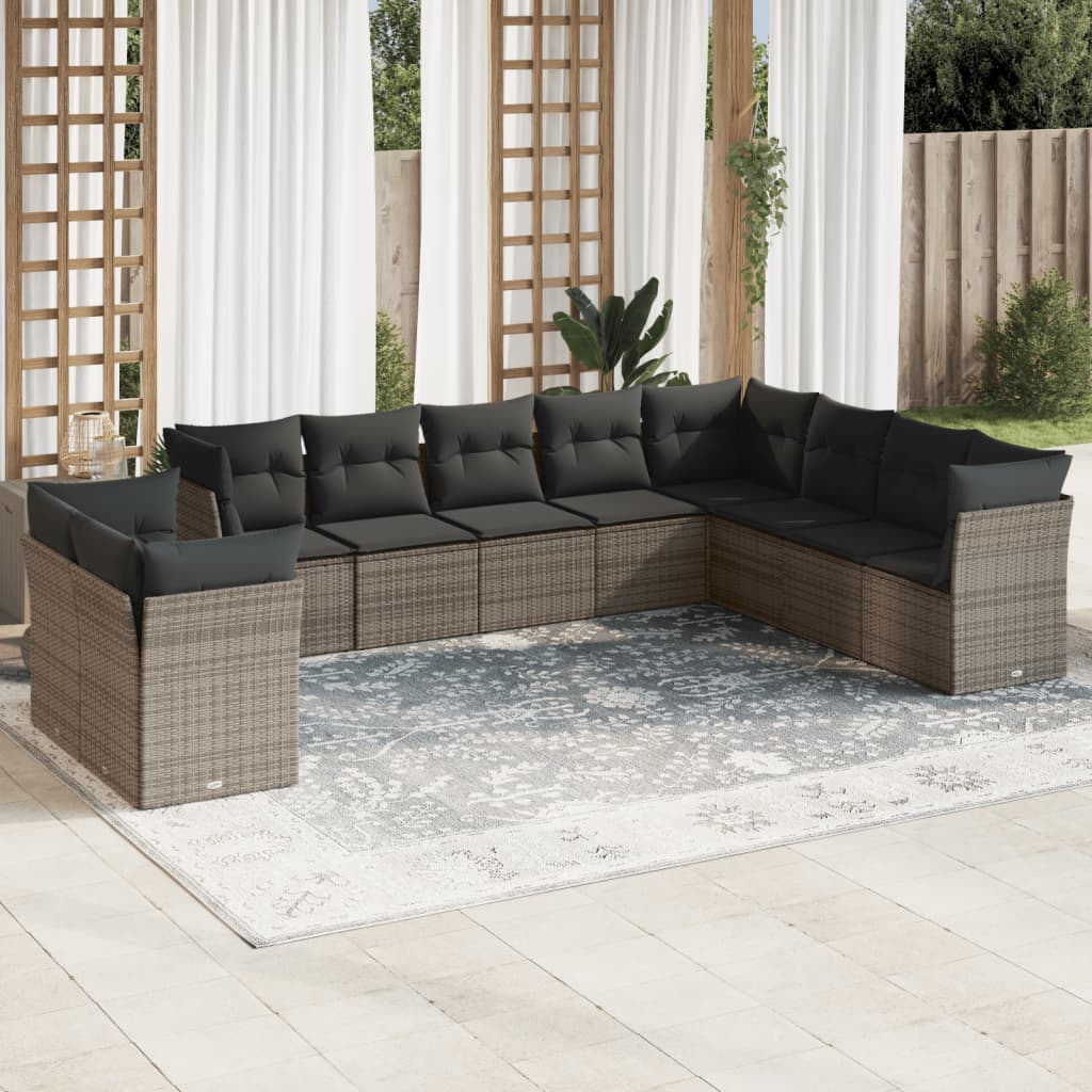 10-tlg. Garten-Sofagarnitur mit Kissen Schwarz Poly Rattan