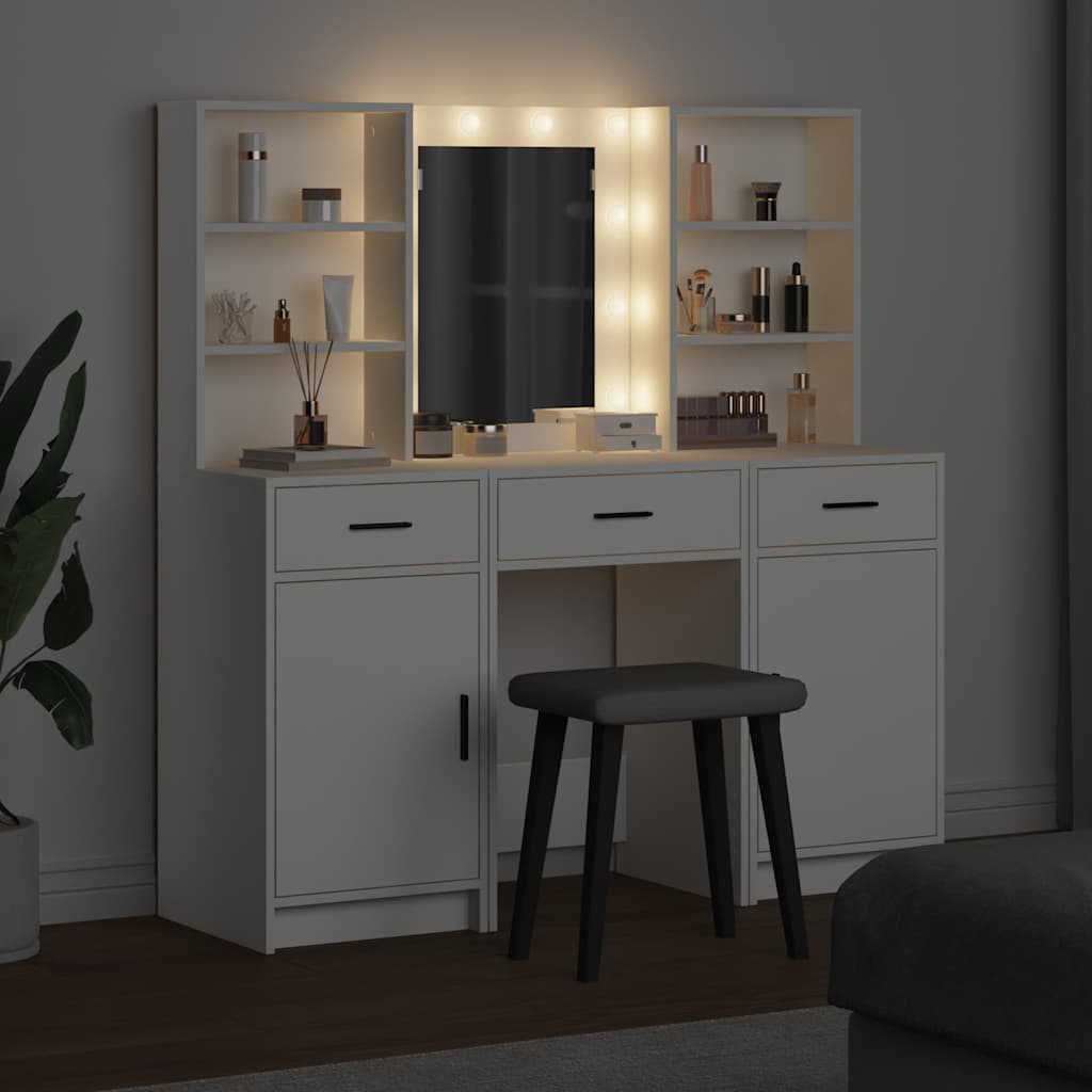 Schminktischset mit LED mit Schubladen 3 pcs Weiß Holzwerkstoff
