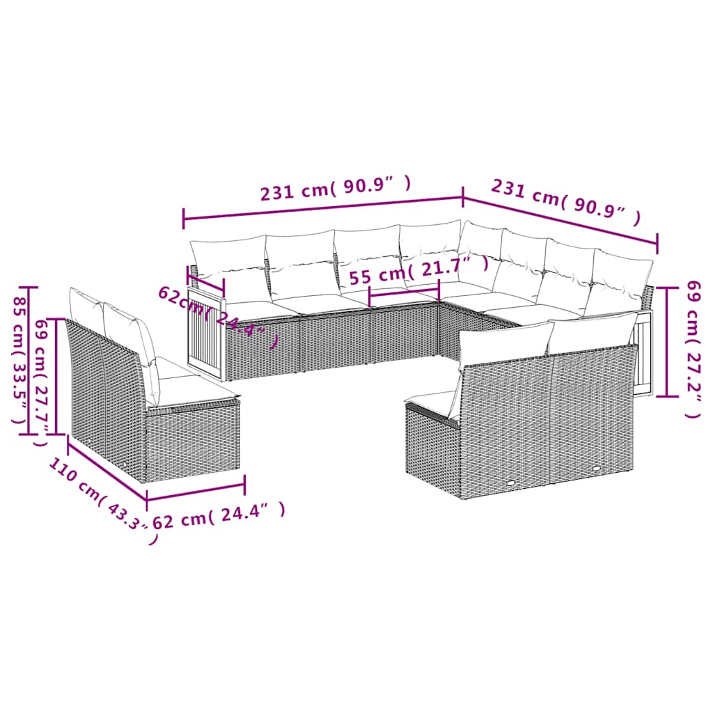 10-teiliges Gartensofa-Set mit Kissen, schwarzes Polyrattan